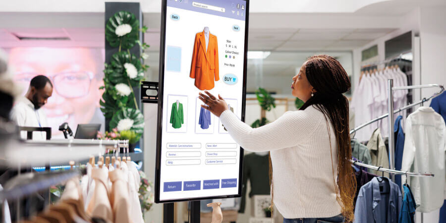 Una mujer revisa un catálogo de ropa desde el kiosko digital de un almacén. 