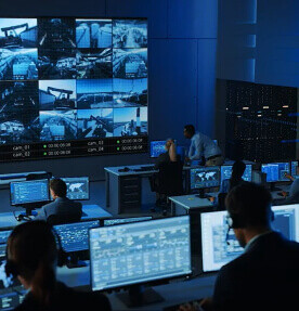 Interior de un centro de monitoreo con un grupo de operadores haciendo sus labores diarias 