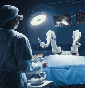 Un médico realiza una cirugía utilizando un robot asistente dentro de un quirófano. 
